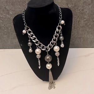 New hand made gunmetal necklace with pearls and silver and black charm accents.